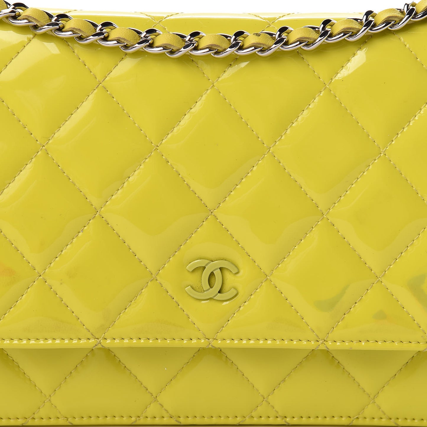 Patent Quilted Wallet On Chain WOC Yellow