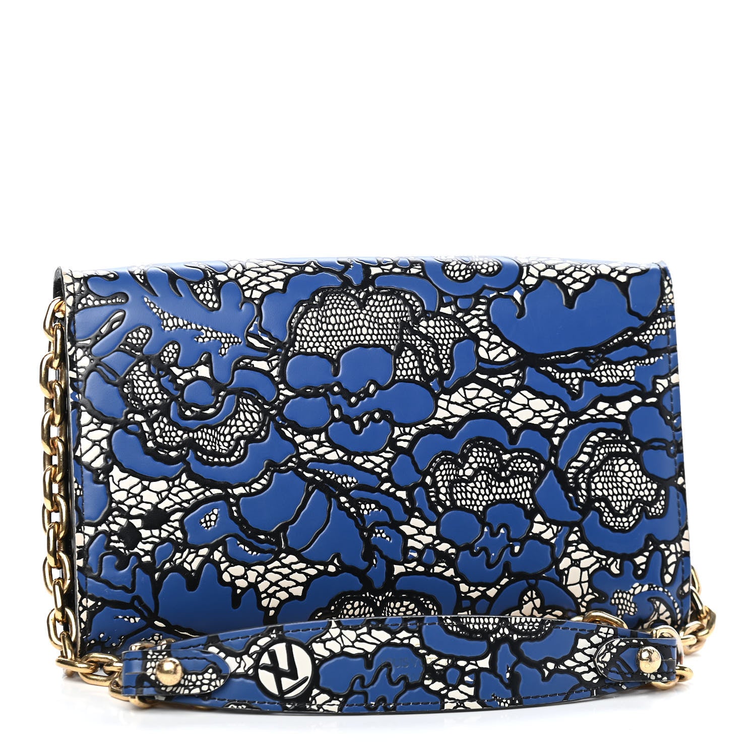 Louis Vuitton Calfskin Lace Flower Inlay Twist Chain Wallet Navy Black 3 of 9