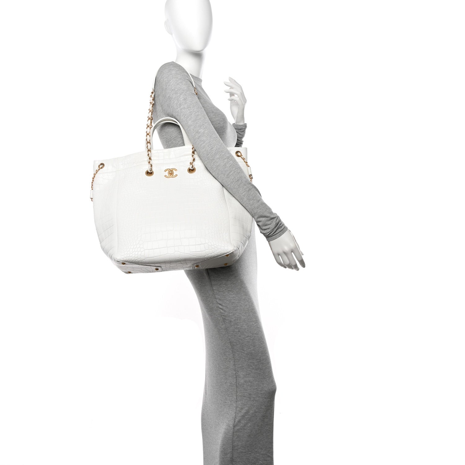 Chanel Calfskin Crocodile Embossed Large Cocodile Shopping Tote White 2 of 10