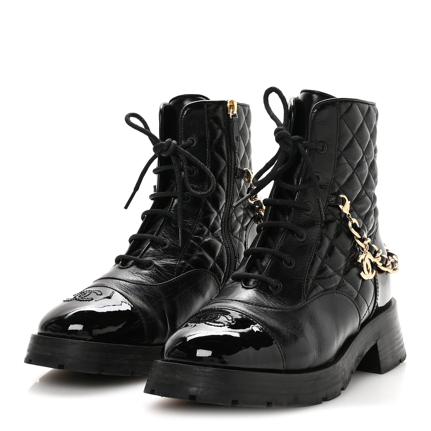 Shiny Calfskin Patent Quilted Chain Lace Up Combat Boots 40.5 Black