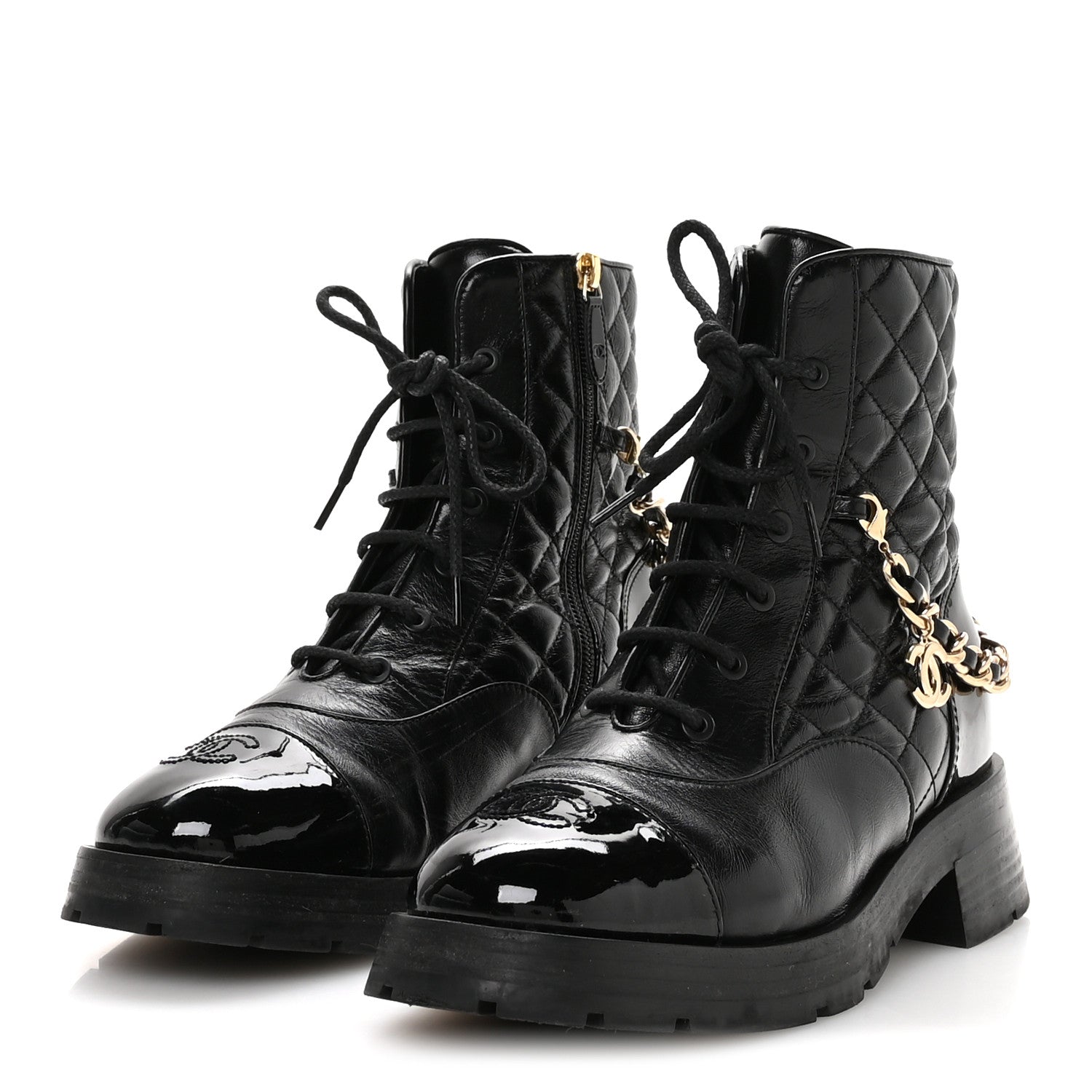 Chanel Shiny Calfskin Patent Quilted Chain Lace Up Combat Boots 40.5 Black 4 of 9