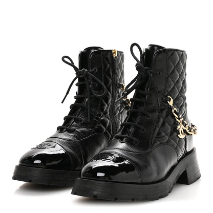 Chanel Shiny Calfskin Patent Quilted Chain Lace Up Combat Boots 40.5 Black 4 of 9