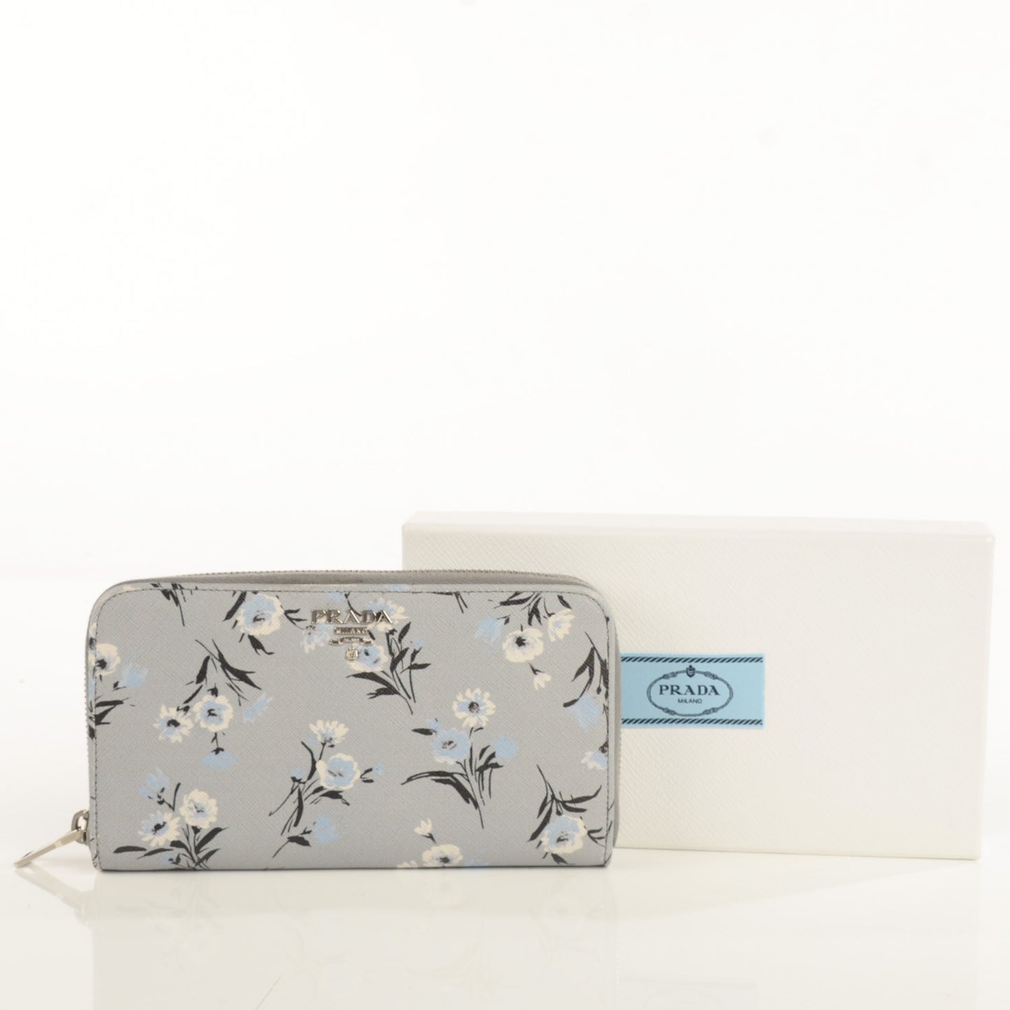 Saffiano Floral Print Metal Zip Around Wallet Acciaio