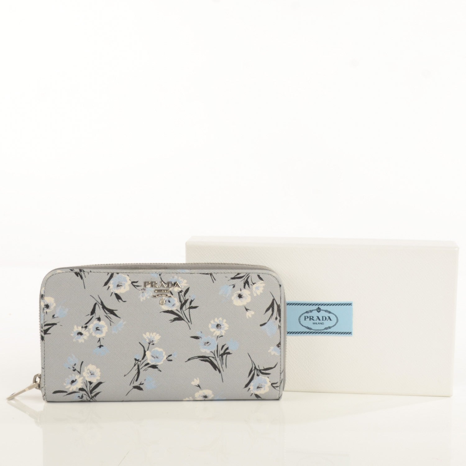 Prada Saffiano Floral Print Metal Zip Around Wallet Acciaio 6 of 10