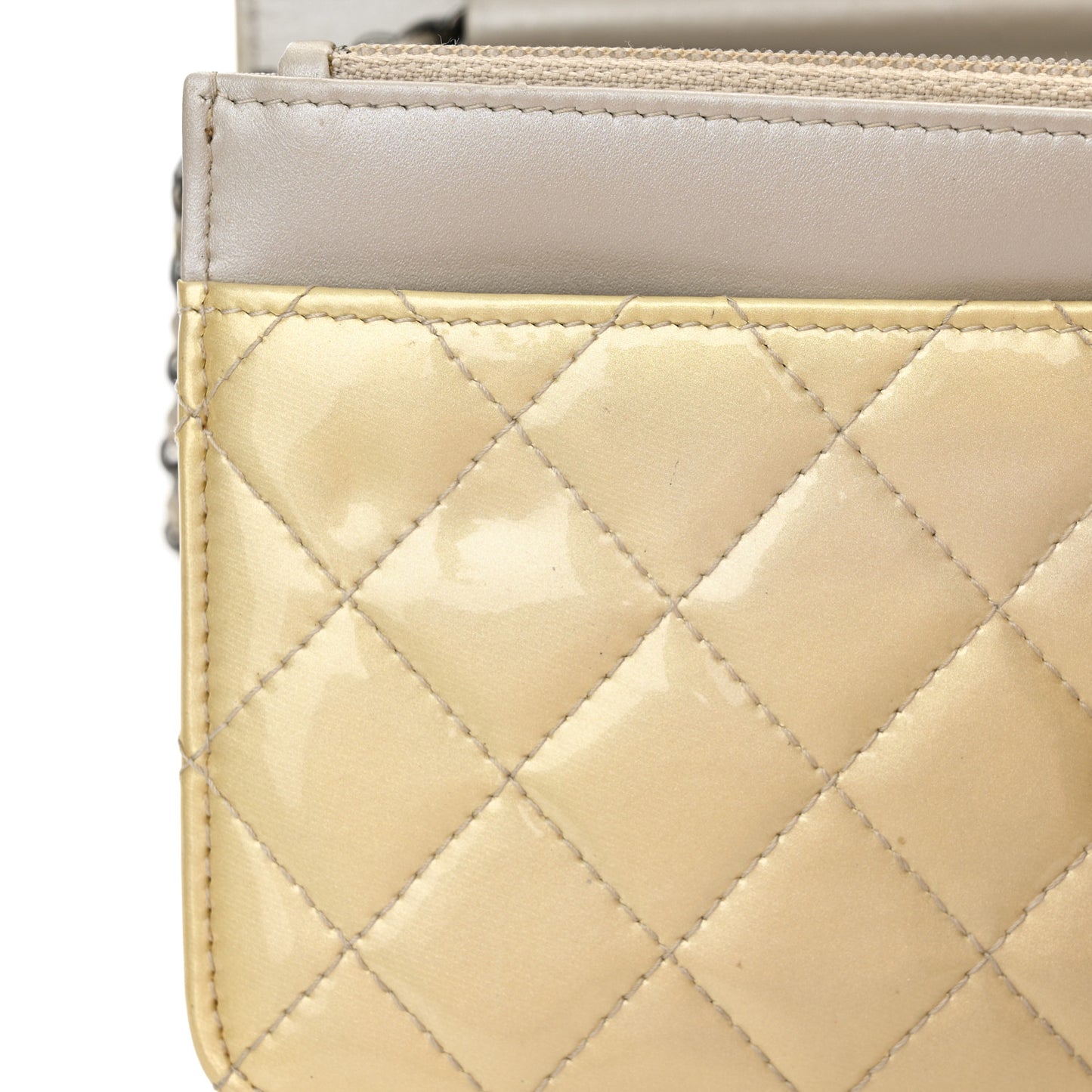 Iridescent Patent Calfskin Quilted Boy Wallet On Chain WOC Beige