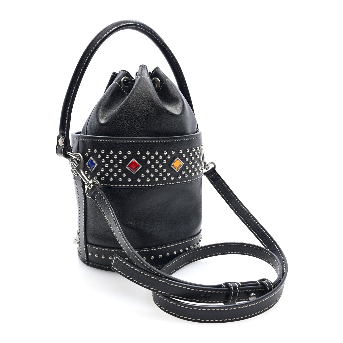 Smooth Calfskin Studded Small Bahia Drawstring Bucket Bag Black Multicolor
