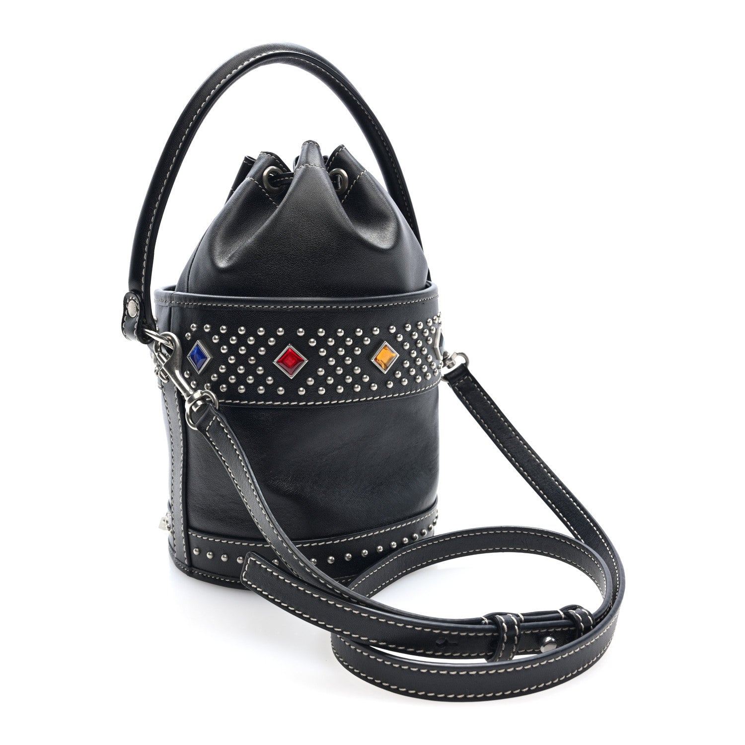 Saint Laurent Smooth Calfskin Studded Small Bahia Drawstring Bucket Bag Black Multicolor 3 of 9