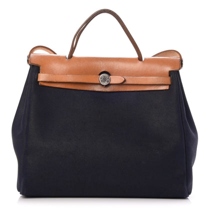 Hermes Toile Vache Calfskin Herbag 30 PM Black Natural 1 of 14