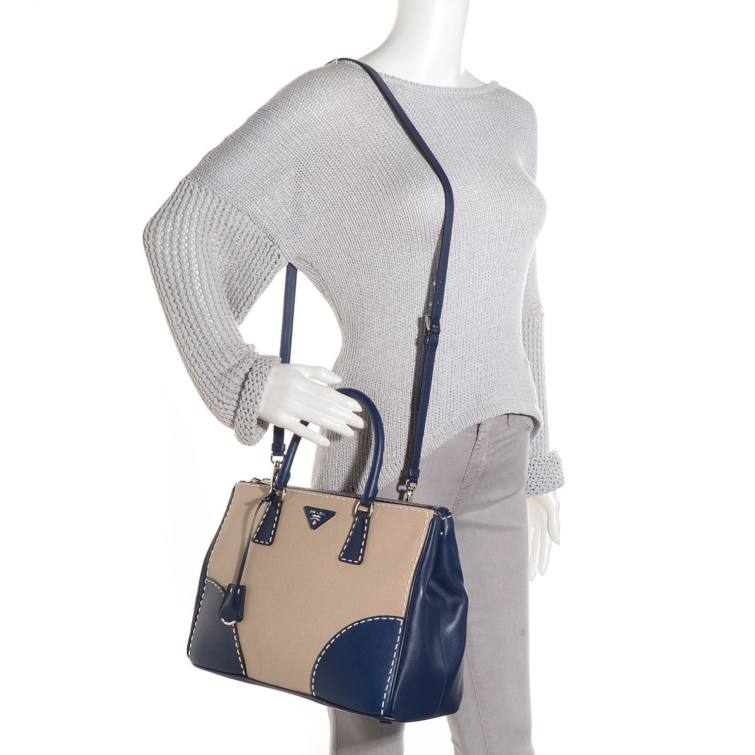 Prada Canvas Calfskin Medium City Stitch Tote Corda Royal 2 of 11
