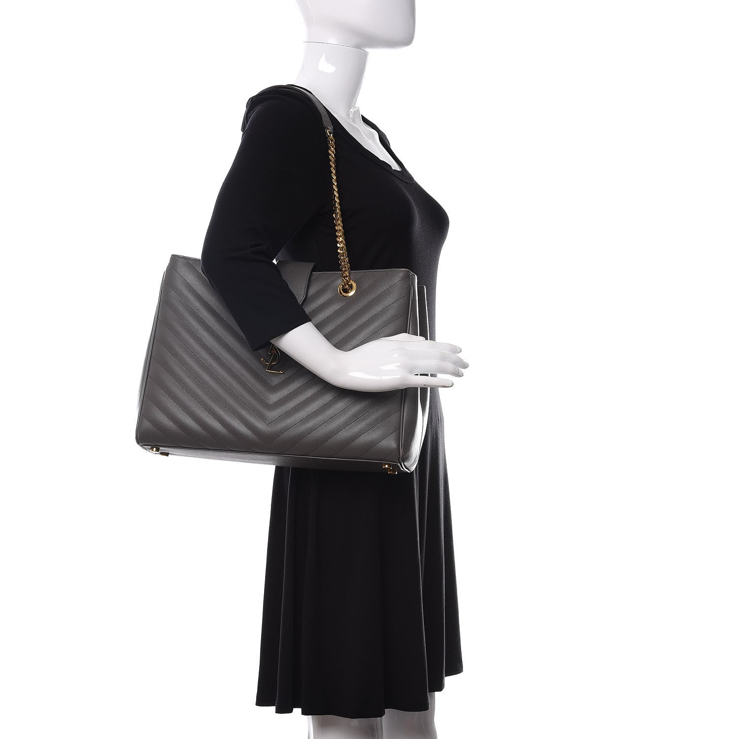Saint Laurent Grain De Poudre Matelasse Chevron Monogram Shopping Bag Fog 2 of 17