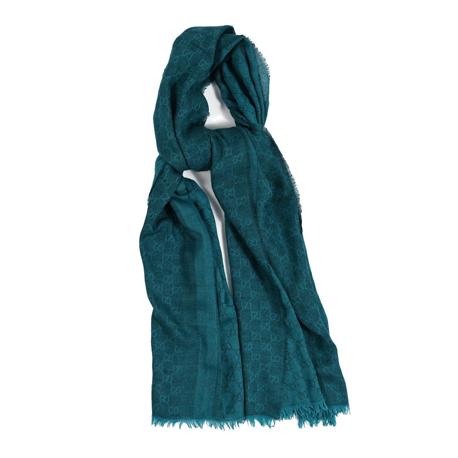 Gucci Wool Silk Monogram Fringe Scarf Blue 1 of 6
