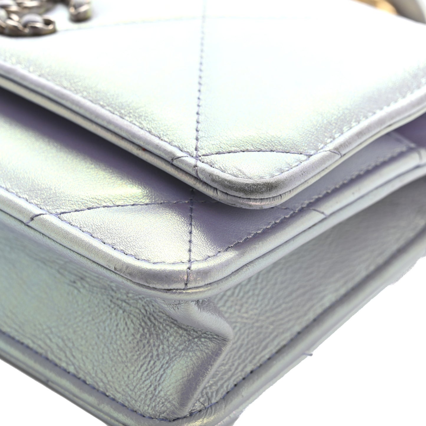 Iridescent Calfskin Quilted Chanel 19 Wallet On Chain WOC Light Purple