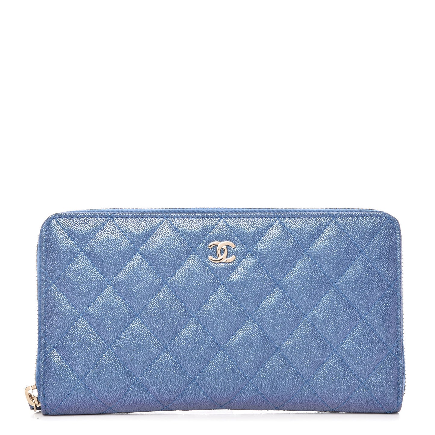 Iridescent Caviar Quilted Large Zip Around Organizer Wallet Blue