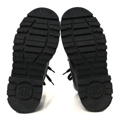 Chanel Grained Calfskin Shiny Calfskin CC Lace Up Combat Boots 37.5 Black 6 of 11