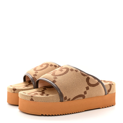 Gucci Monogram Jumbo GG Nappa Samoa Platform 40mm Slide Sandals 38 Camel Ebony New Acero 3 of 11