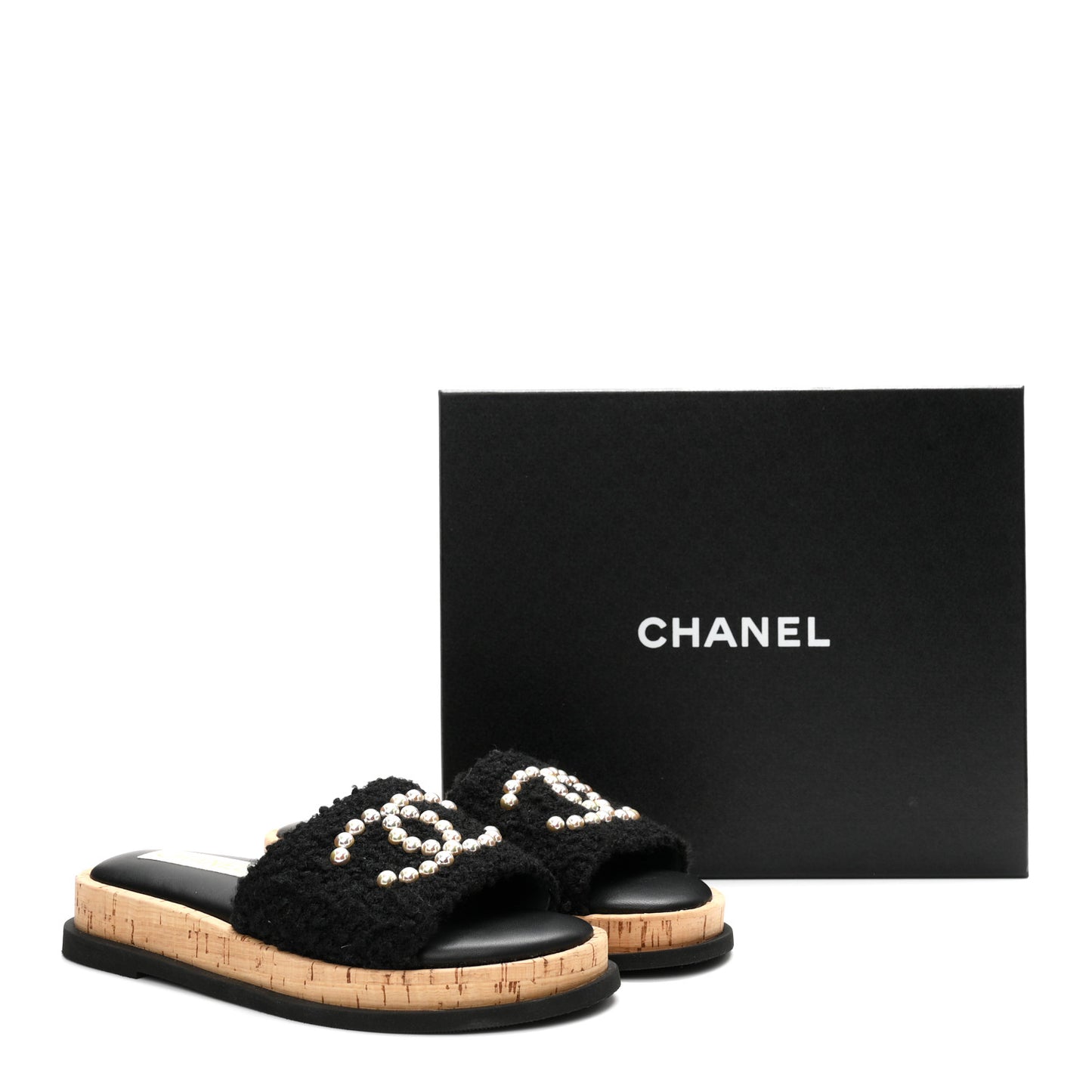 Fabric Pearl Cork CC Slip On Sandals 38 Black