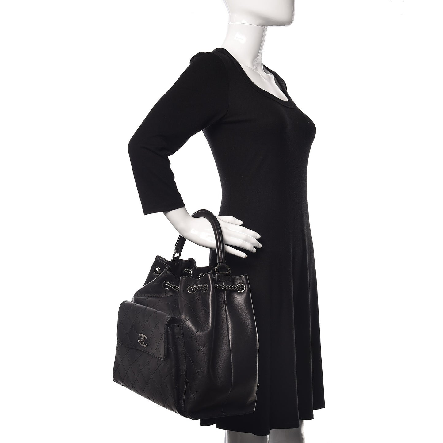 Calfskin Stitched Large Urban Luxury Drawstring Backpack Black