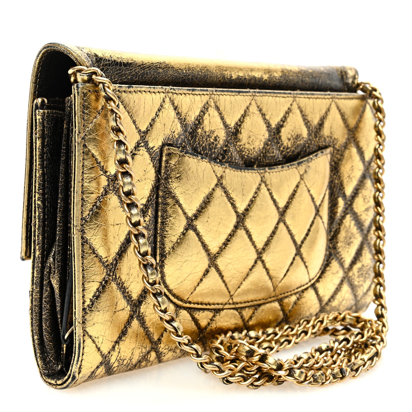 Cracked Metallic Calfskin Quilted Zip Away Chain Clutch Gold
