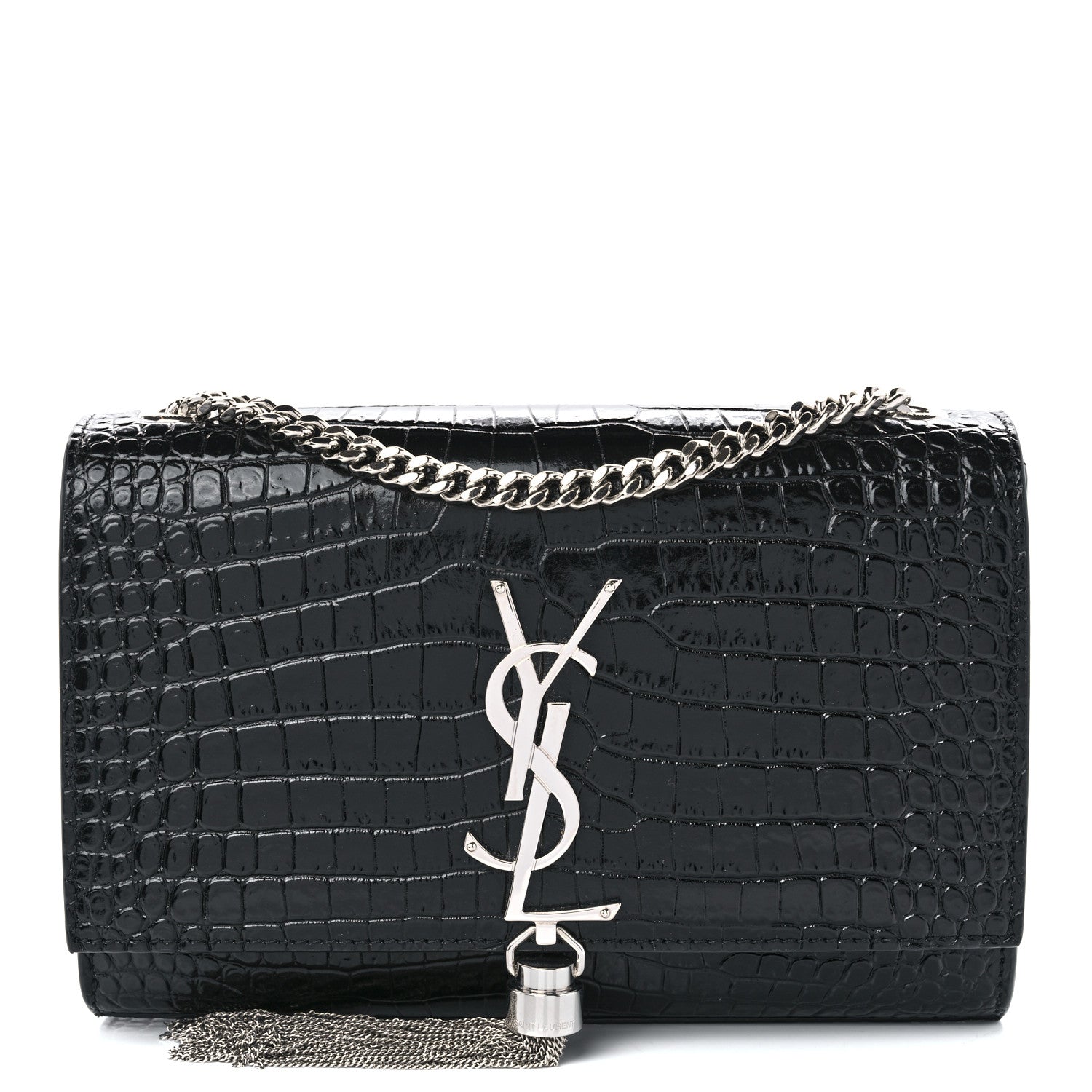 Saint Laurent Calfskin Crocodile Embossed Small Classic Monogram Kate Tassel Satchel Black 1 of 10