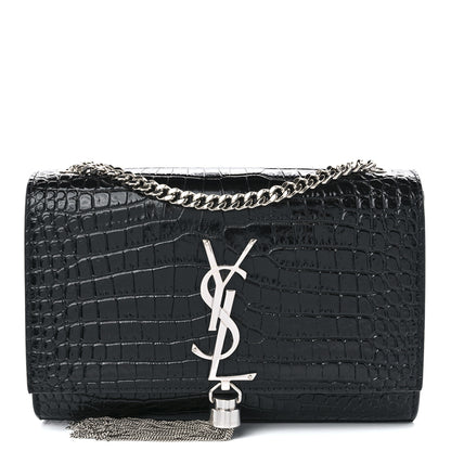Saint Laurent Calfskin Crocodile Embossed Small Classic Monogram Kate Tassel Satchel Black 1 of 10