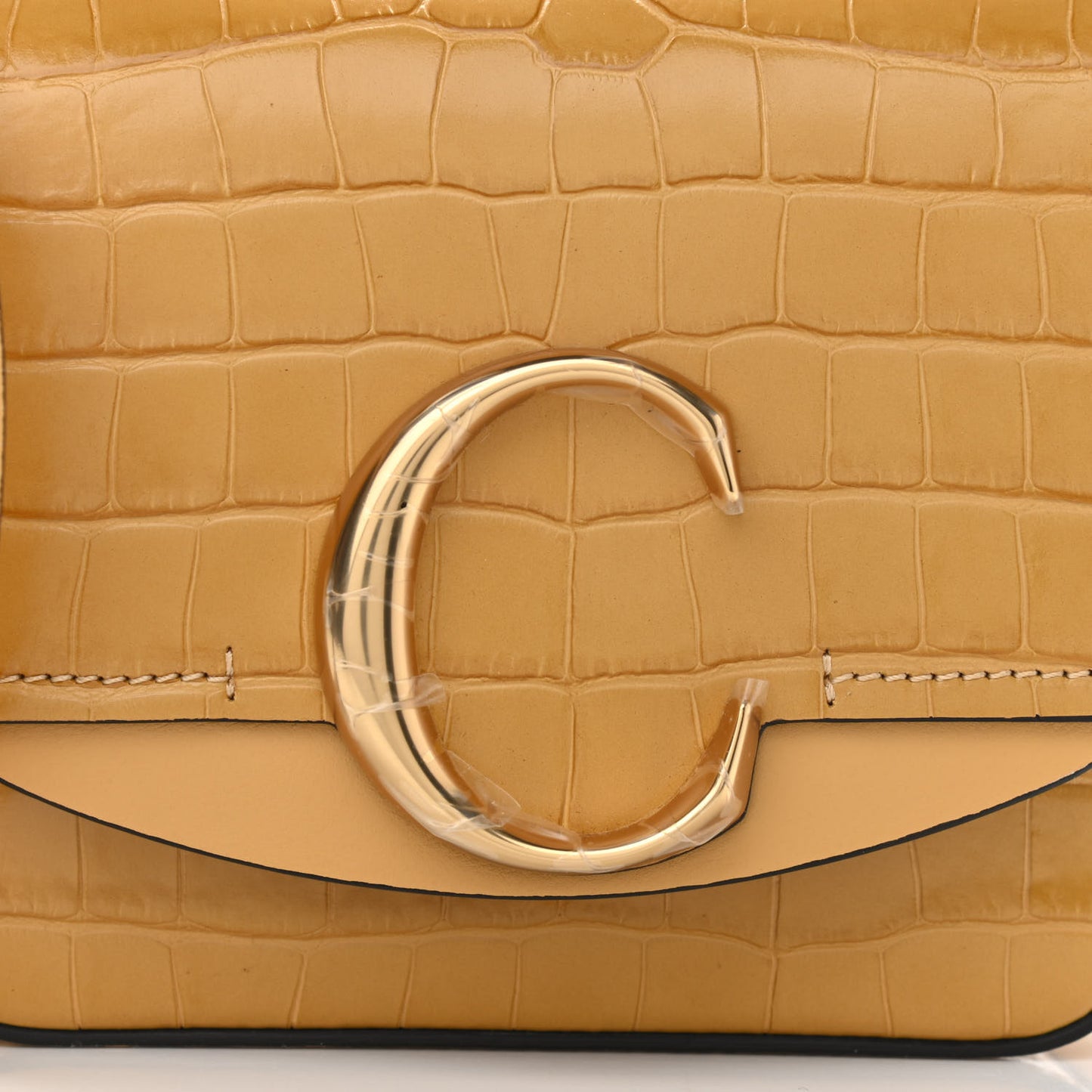 Calfskin Crocodile Embossed Mini C Double Carry Honey Gold