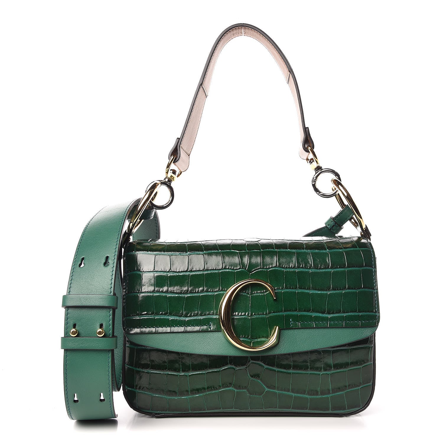 Chloe Calfskin Crocodile Embossed Small C Double Carry Woodsy Green 1 of 12