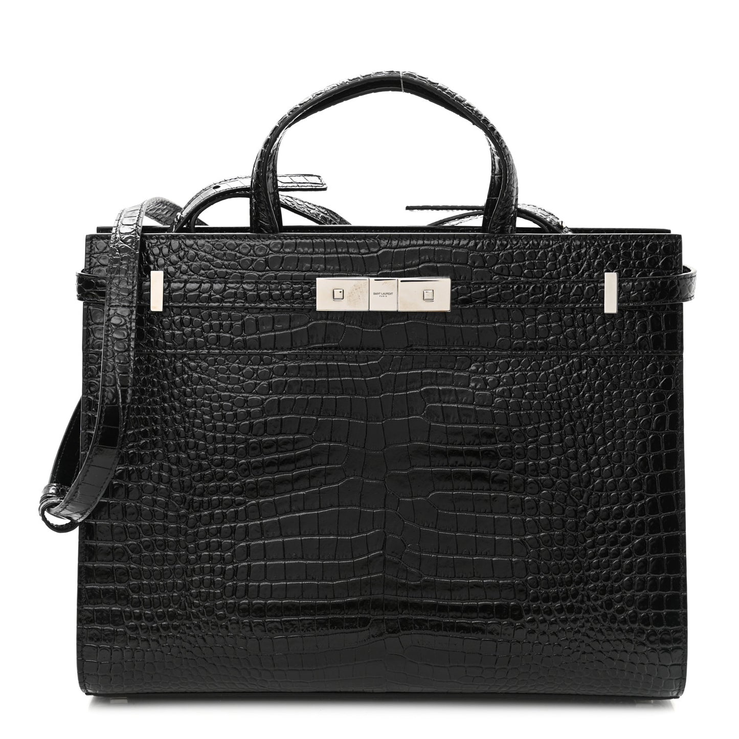 Shiny Calfskin Crocodile Embossed Small Manhattan Shopper Tote Black