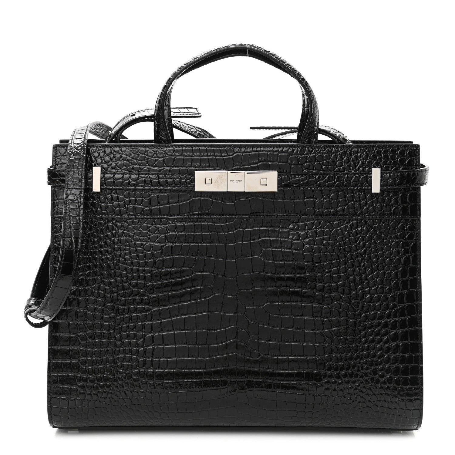 Saint Laurent Shiny Calfskin Crocodile Embossed Small Manhattan Shopper Tote Black 1 of 10