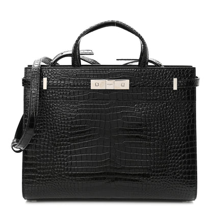 Saint Laurent Shiny Calfskin Crocodile Embossed Small Manhattan Shopper Tote Black 1 of 10