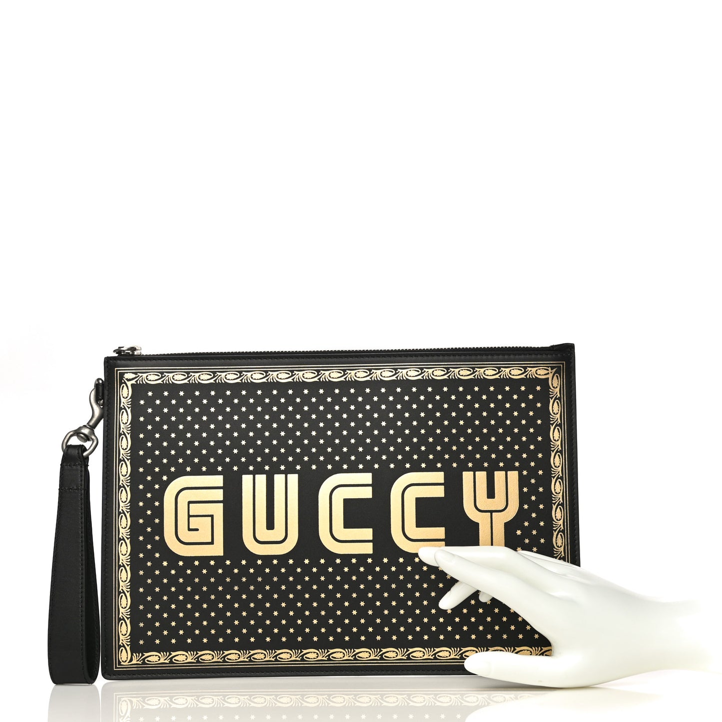 X SEGA Calfskin GUCCY Stars Zip Wristlet Pouch Black Gold