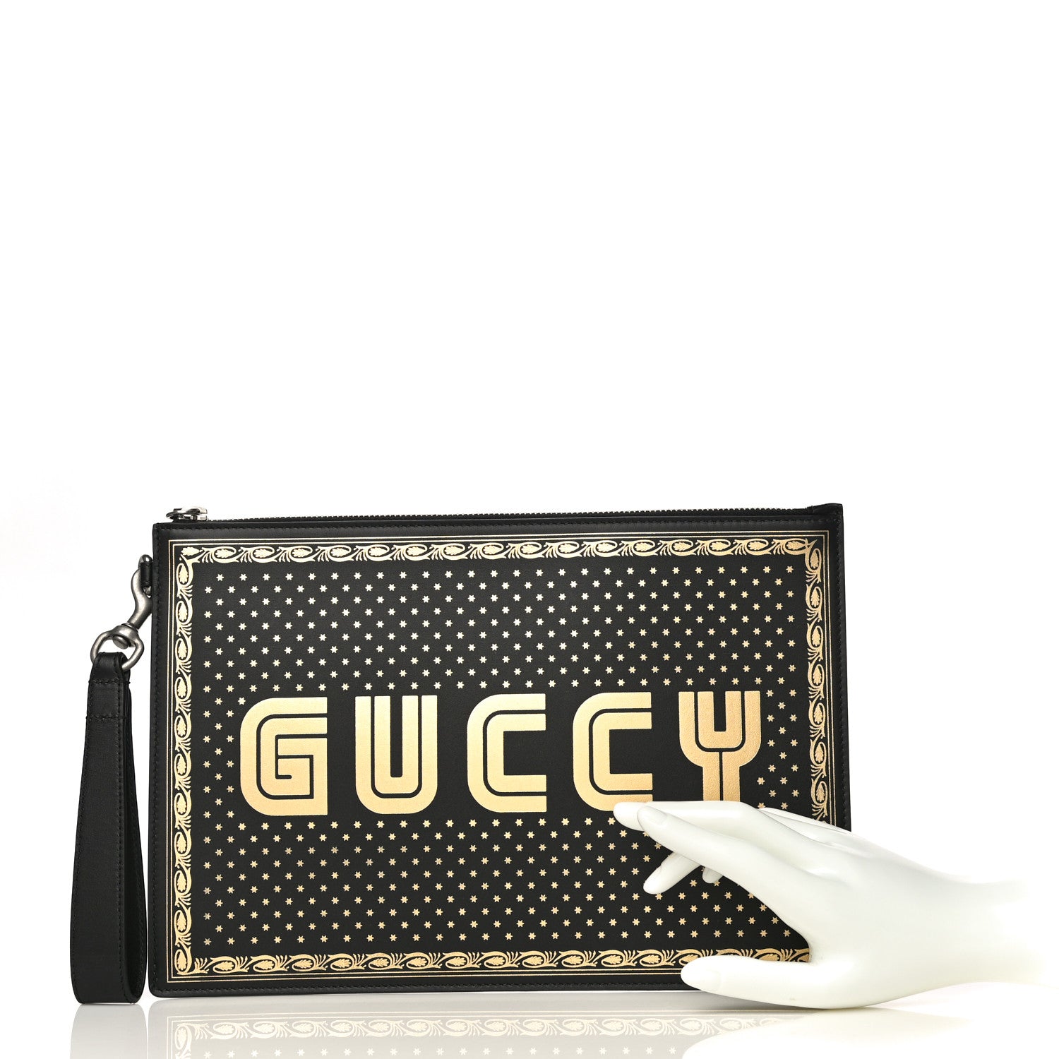 Gucci X SEGA Calfskin GUCCY Stars Zip Wristlet Pouch Black Gold 2 of 11