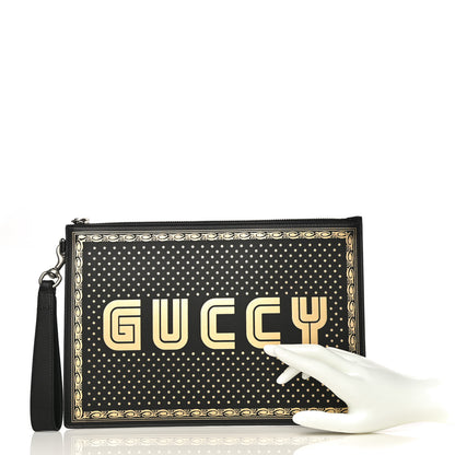 Gucci X SEGA Calfskin GUCCY Stars Zip Wristlet Pouch Black Gold 2 of 11