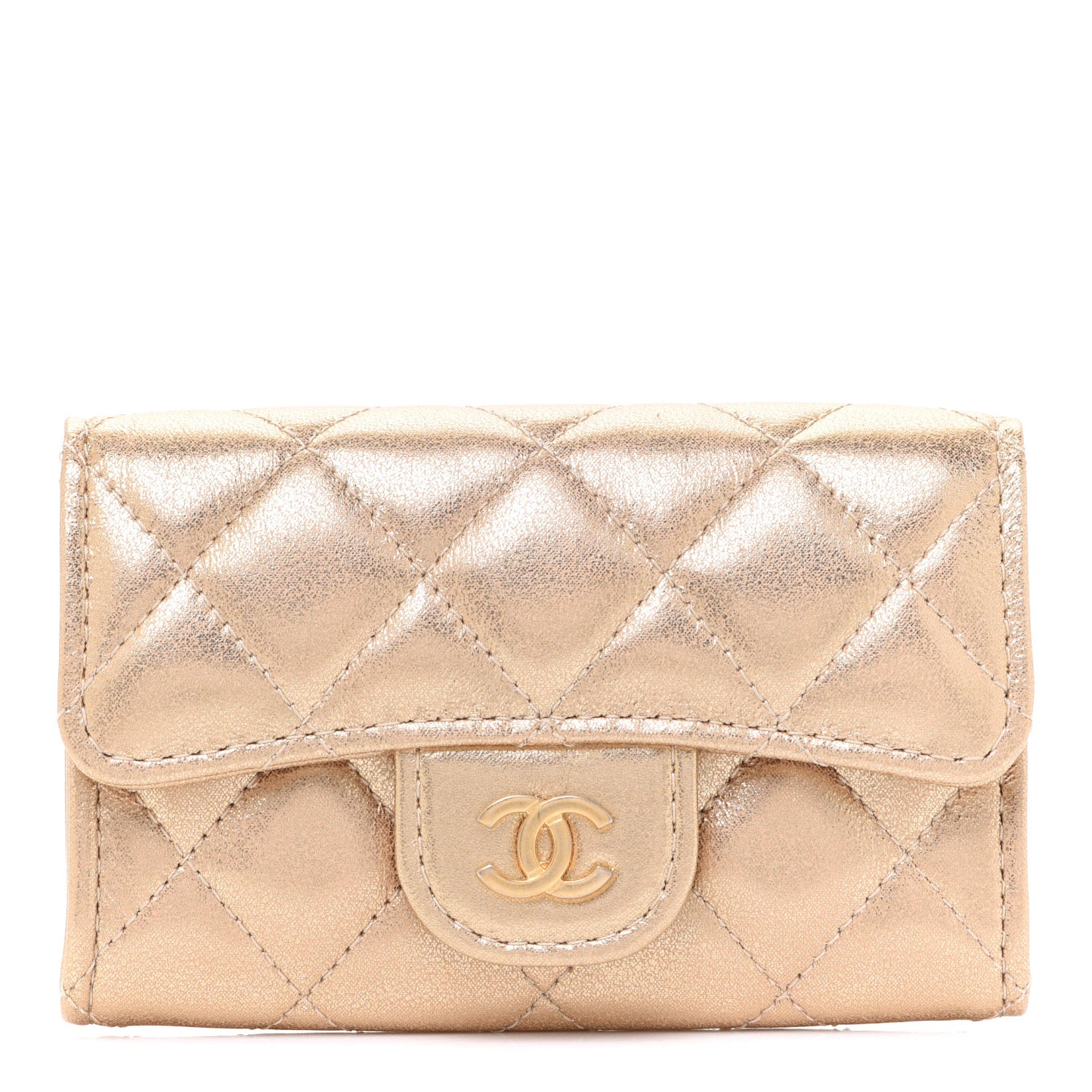 Metallic Lambskin Quilted Flap Card Holder Wallet Gold