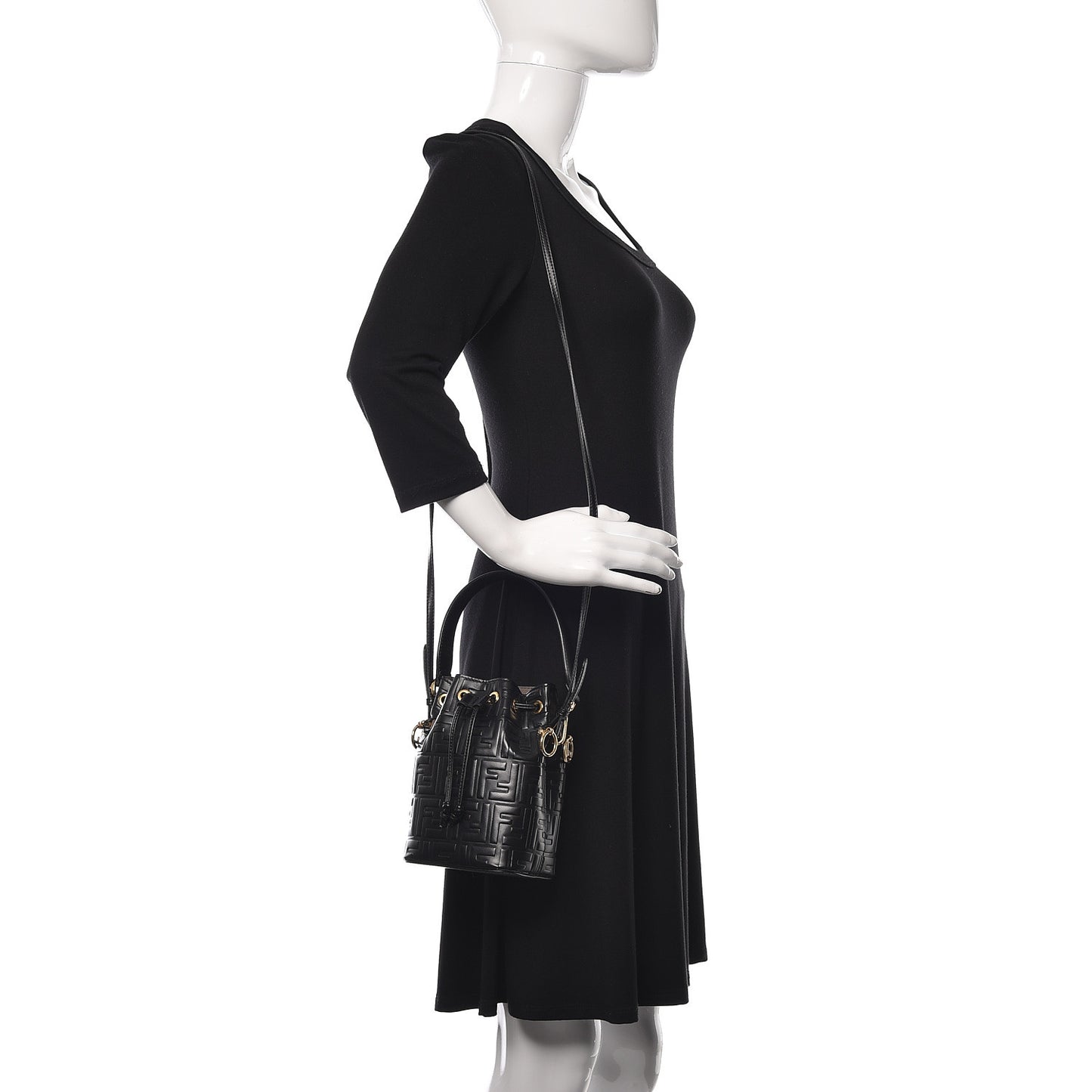 Vitello Liberty F is Fendi FF 1974 Embossed Mini Mon Tresor Bucket Bag Black