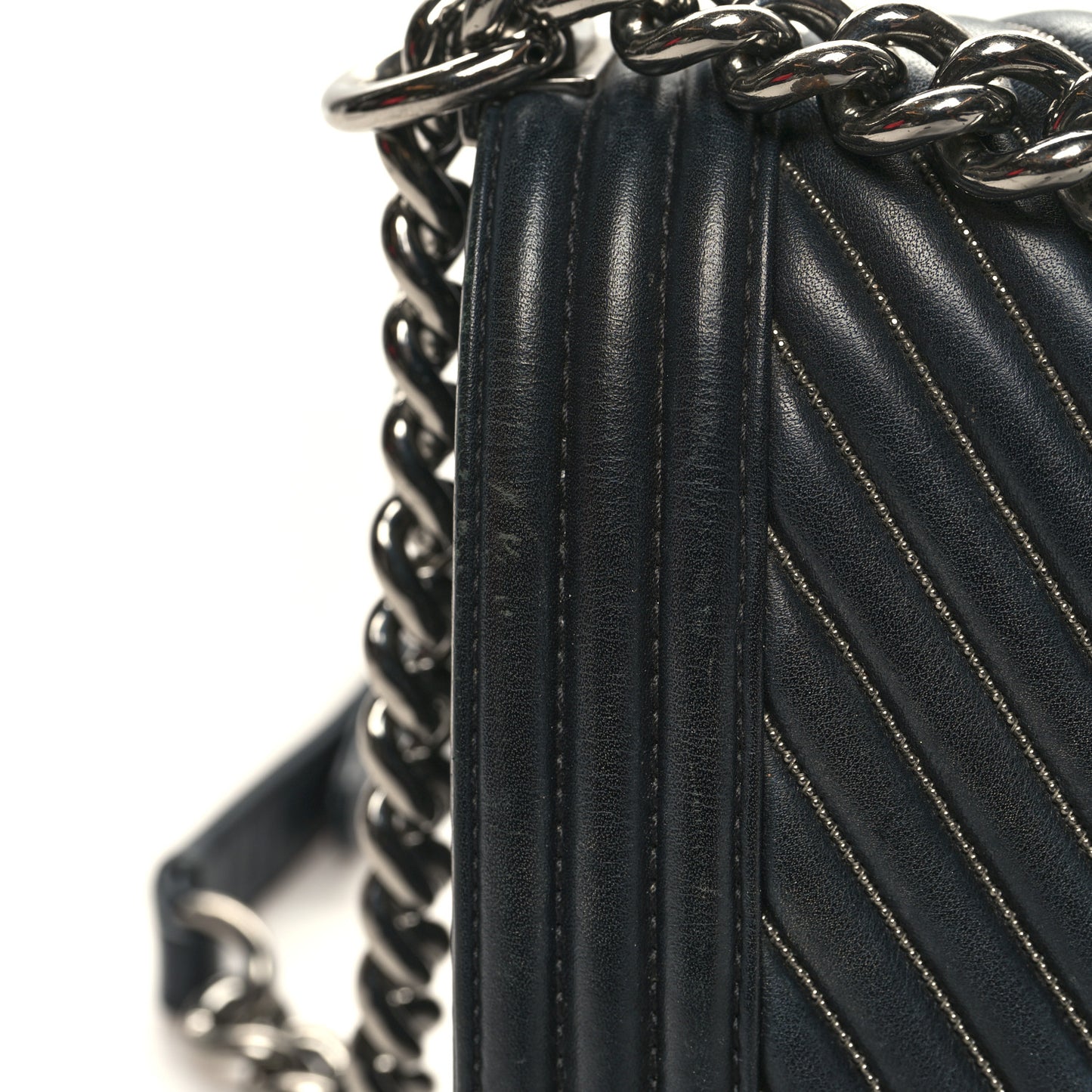 Calfskin Chevron Quilted Medium Chain Boy Flap Navy