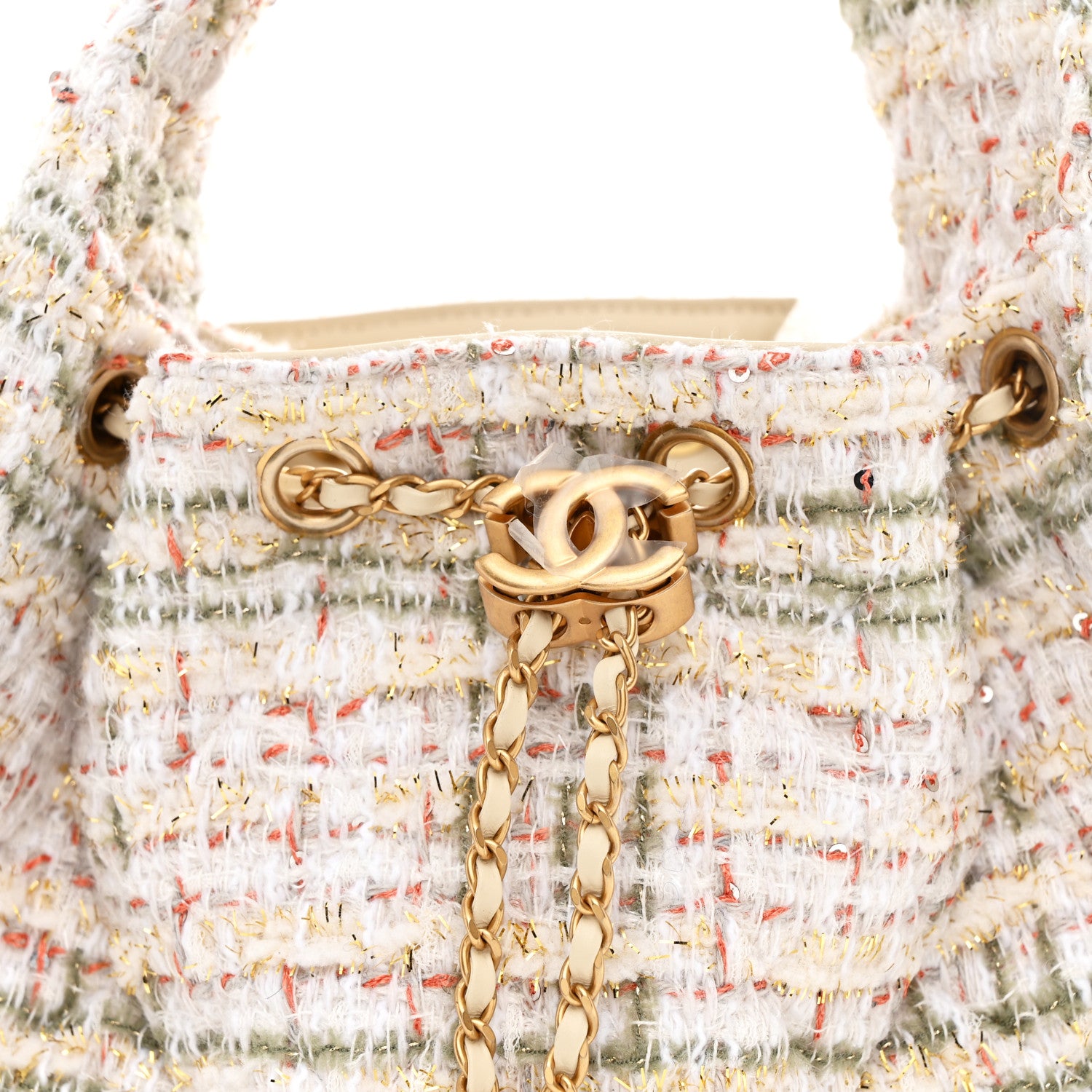Chanel Tweed Quilted Small Chanel 25 Handbag Ecru Khaki Gold Red