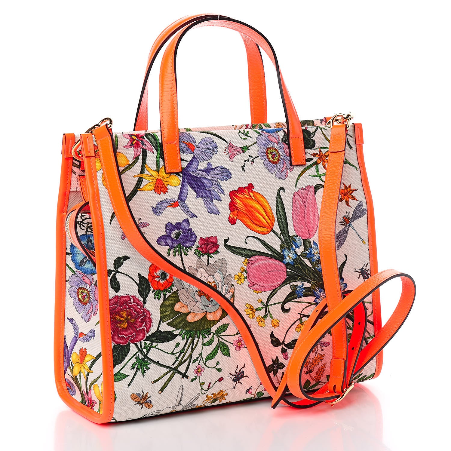 Gucci Canvas Medium Flora Tote White Multicolor Orange Fluo 3 of 10
