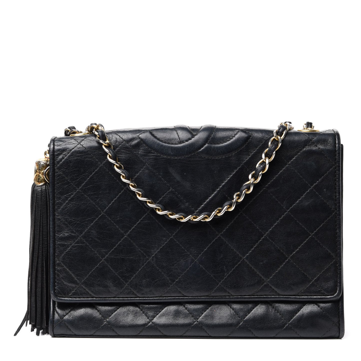 Lambskin Quilted CC Tassel Shoulder Flap Bag Black