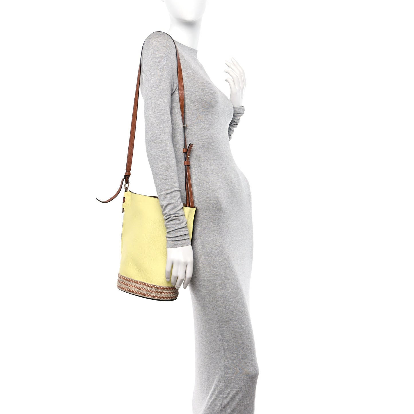 Calfskin Raffia Gate Bucket Bag Tan Light Yellow