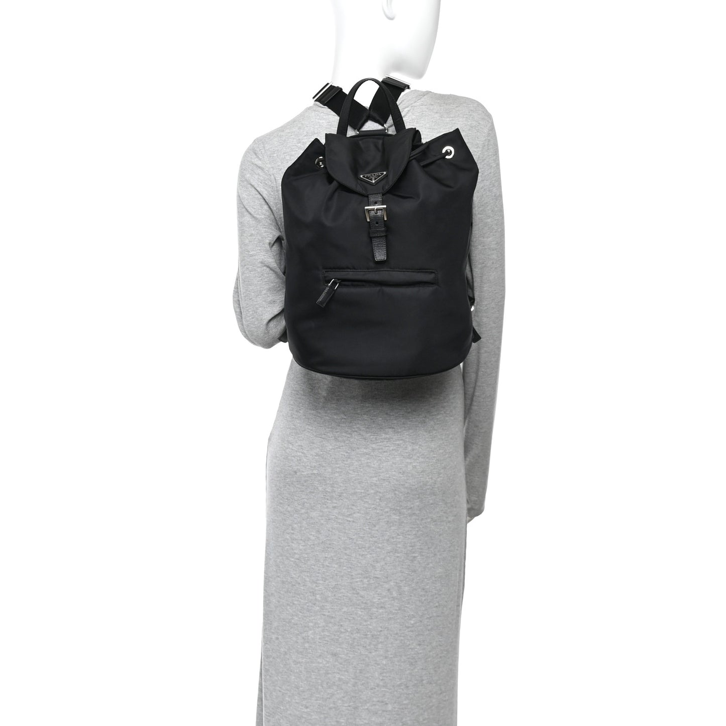Nylon Vela Saffiano Medium Cinch Backpack Black