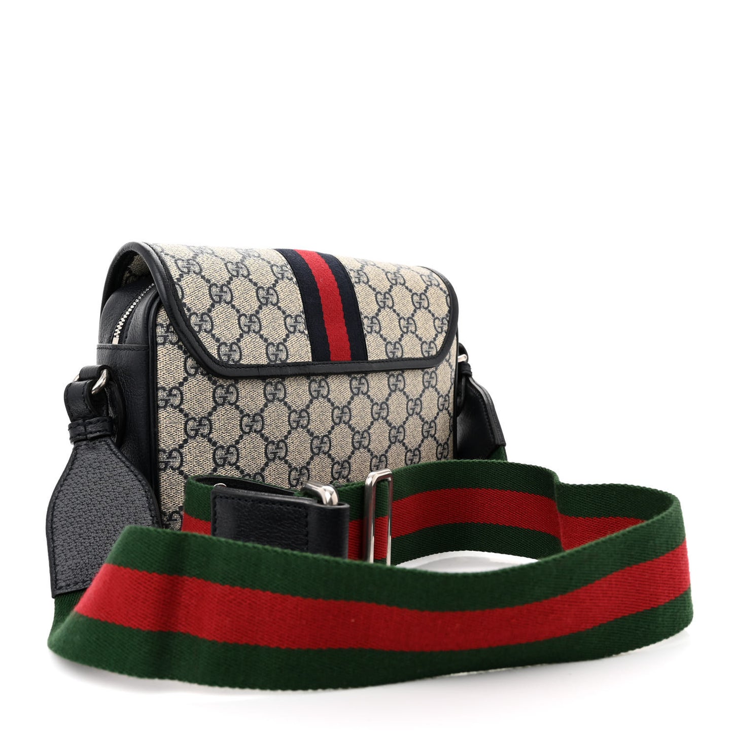 GG Supreme Monogram Textured Dollar Calfskin Web Studded Mini Ophidia Flap Shoulder Bag Beige Blue