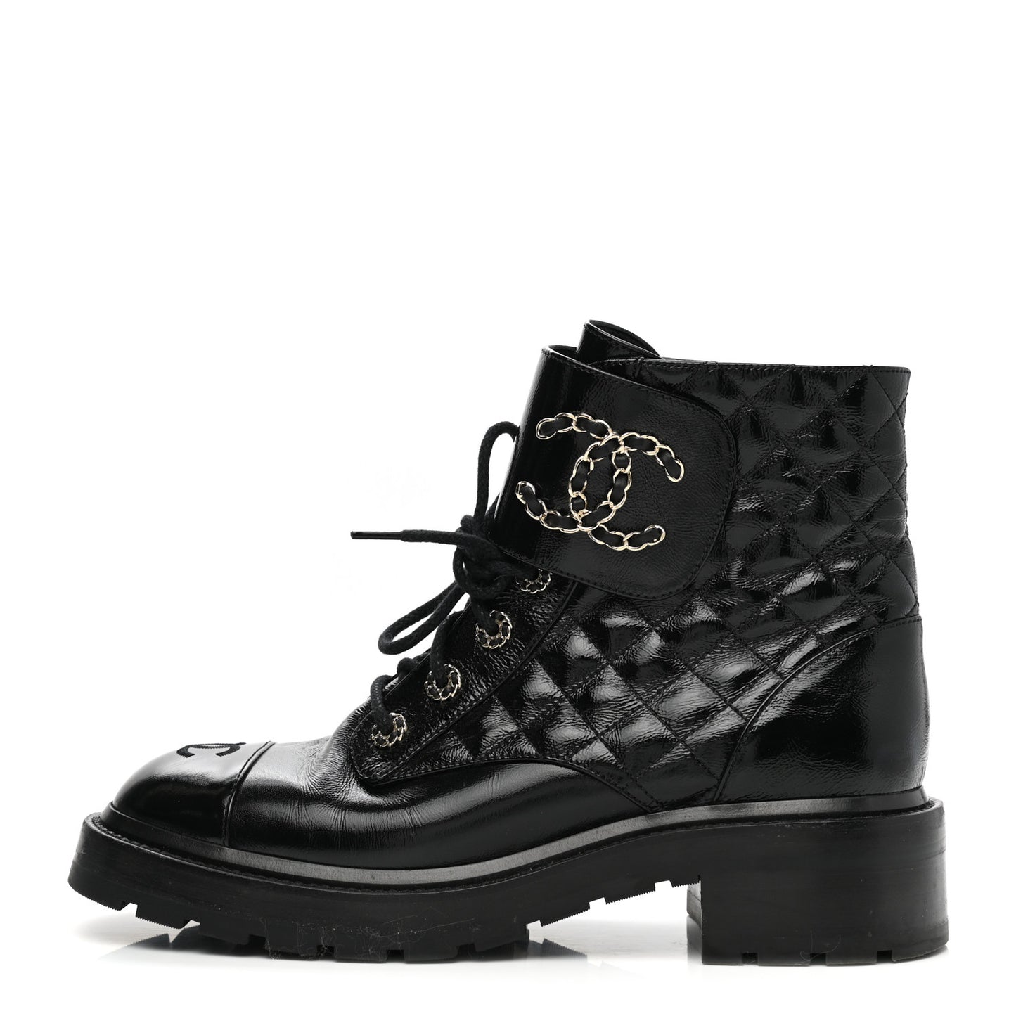 Shiny Calfskin Quilted Lace Up Combat Boots 40.5 Black