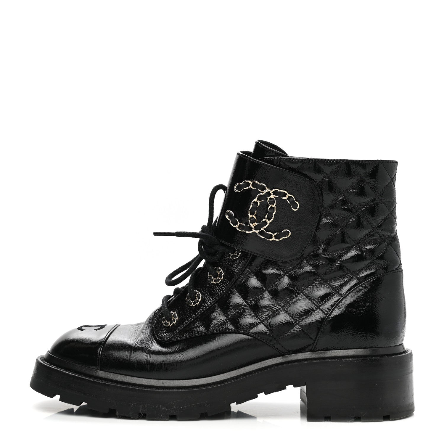 Chanel Shiny Calfskin Quilted Lace Up Combat Boots 40.5 Black 1 of 9