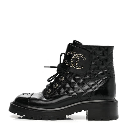 Chanel Shiny Calfskin Quilted Lace Up Combat Boots 40.5 Black 1 of 9
