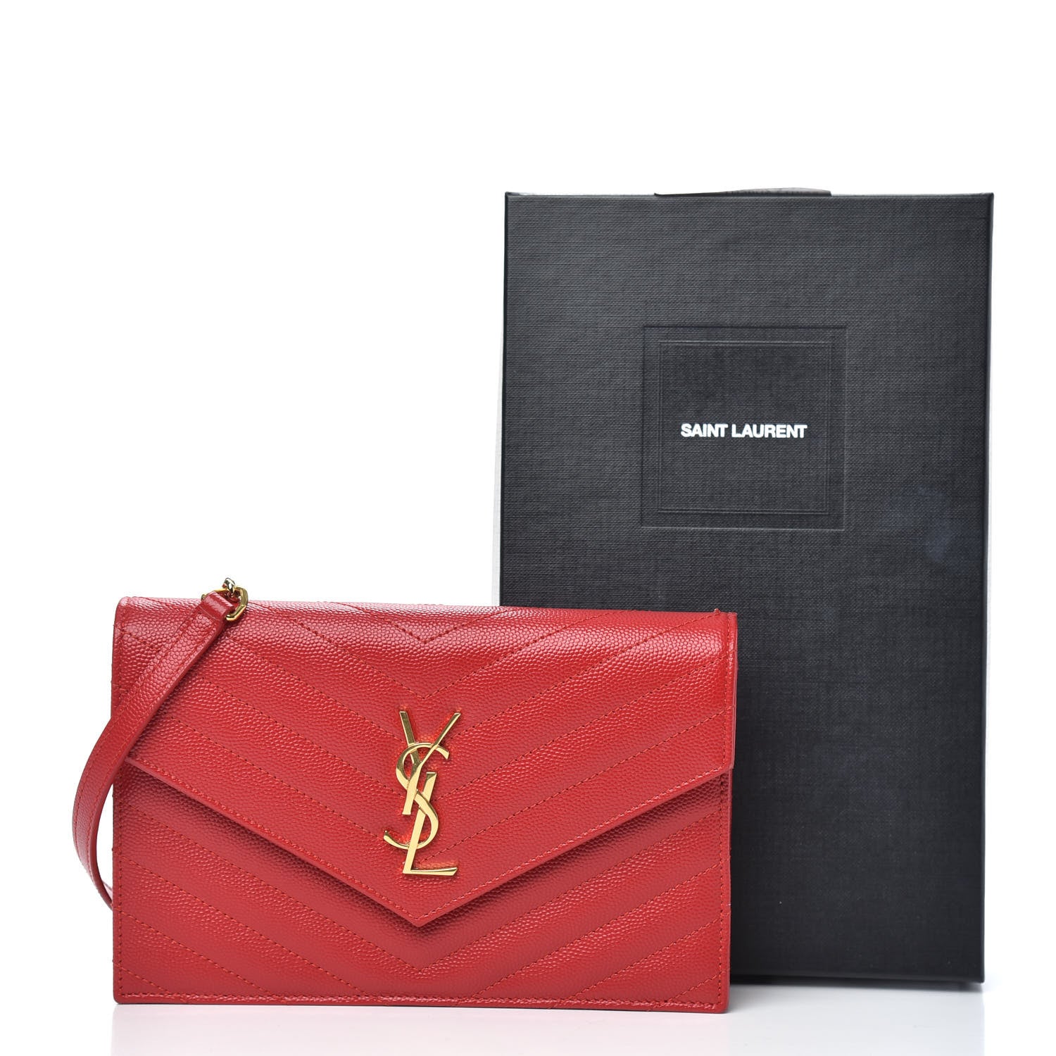 Saint Laurent Grain De Poudre Matelasse Chevron Monogram Envelope Chain Wallet New Red 10 of 10