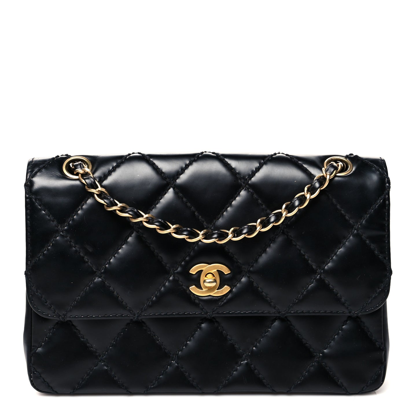 Glazed Calfskin Stitched Small Flap Black
