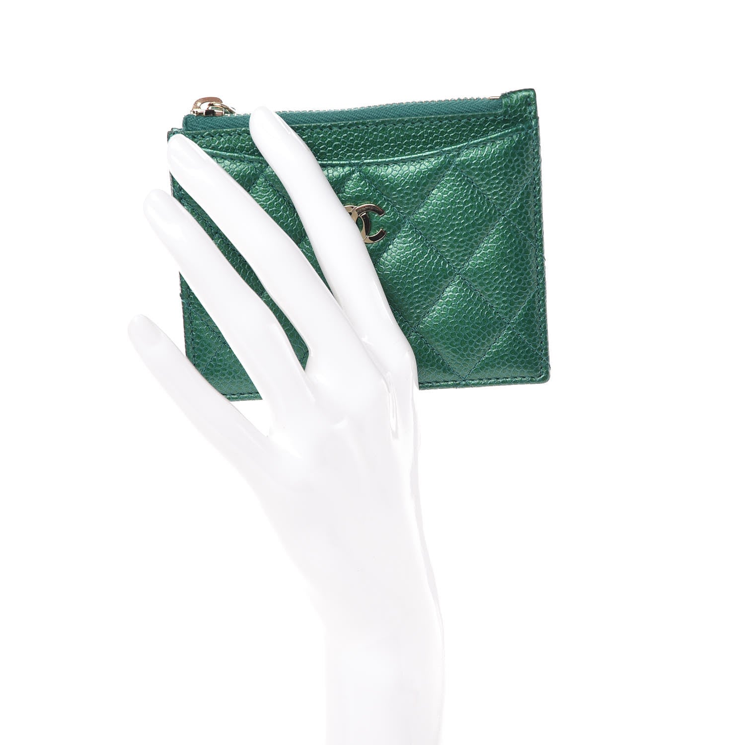 Chanel Metallic Caviar Quilted CC Zip Card Holder Green 2 of 8