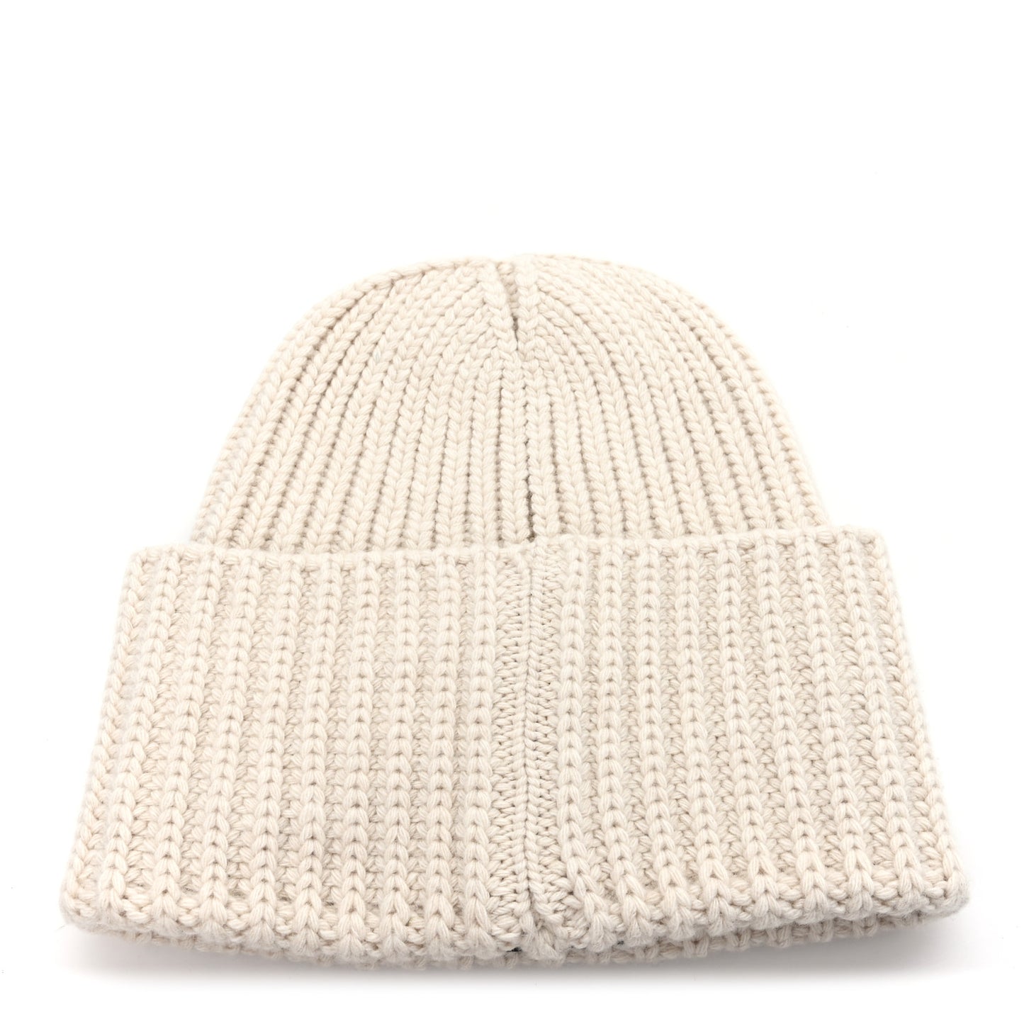 Wool Cashmere Sheepskin Shearling CC Patch Beanie Hat  Ecru Dark Beige