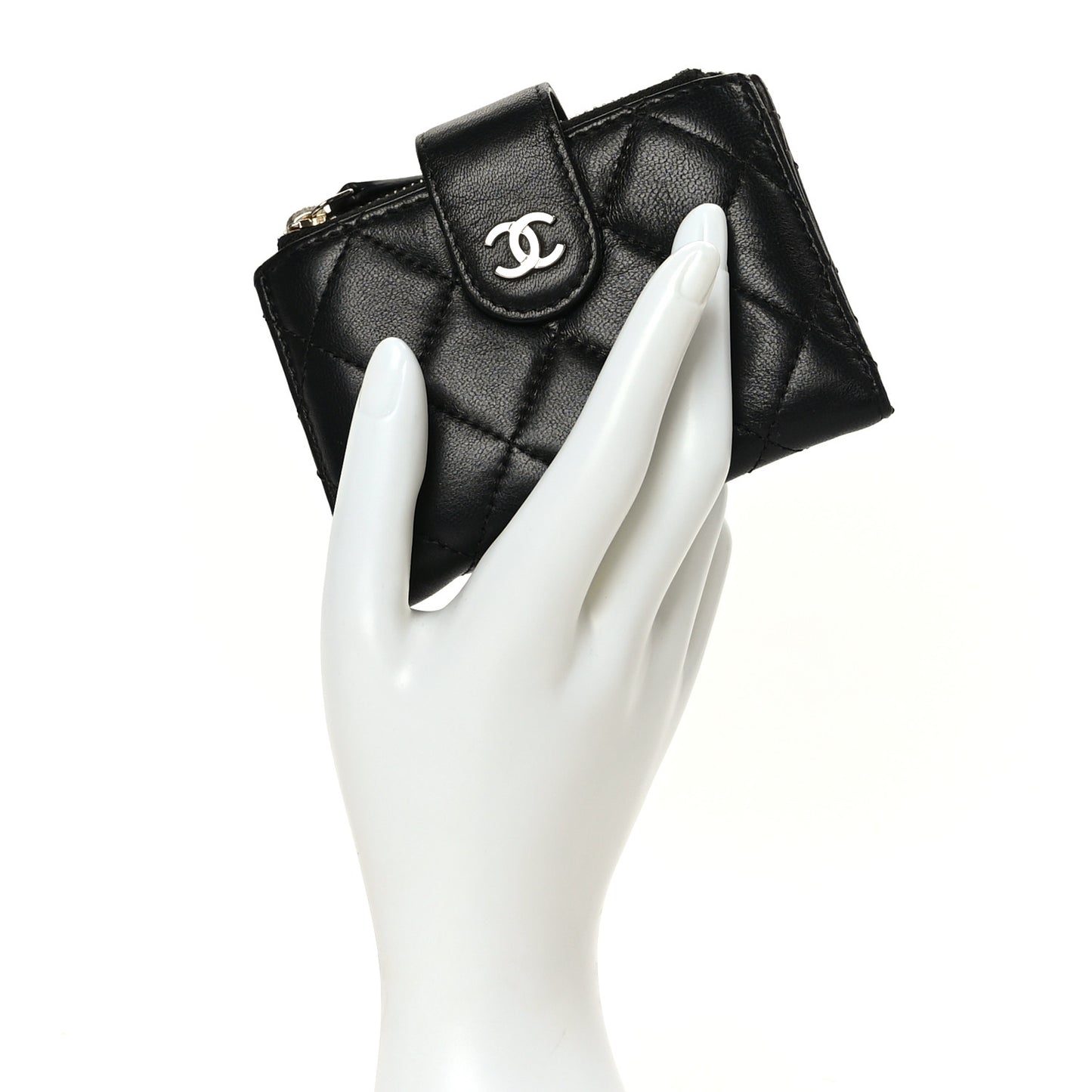 Lambskin Quilted Compact Zipped Pocket Wallet Black