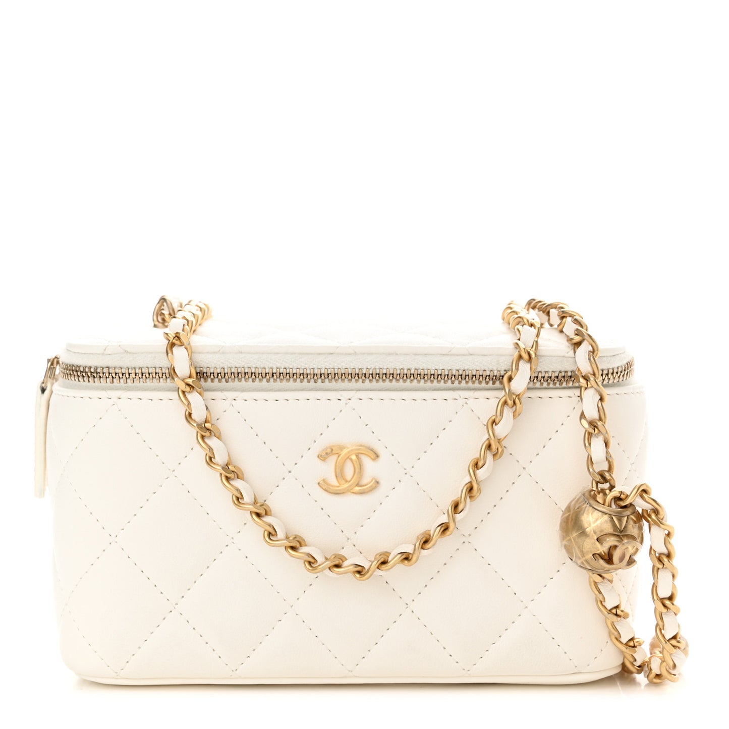 Lambskin Quilted Pearl Crush Small Vanity Case With Chain White